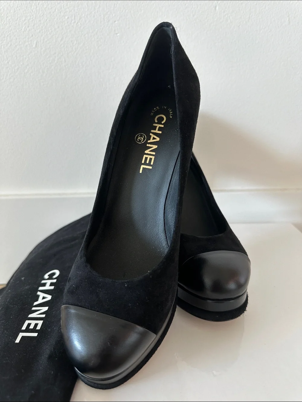 CHANEL Black Suede Cap-Toe Block Heel Pumps